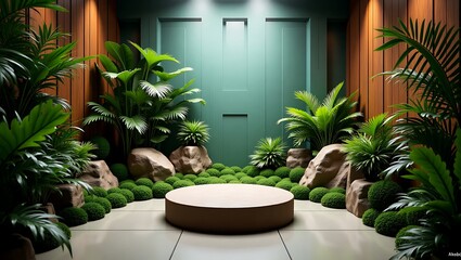 Fototapeta premium Lush Tropical Garden Setting with Stone and Plant Decor, Product Display Podium