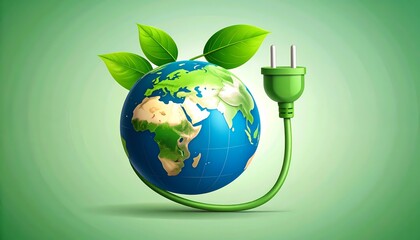 Eco-friendly illustration of the globe with a green plug, embodying the concept of renewable energy and environmental sustainability
