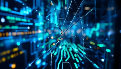 Abstract digital technology background with glowing blue and green circuit lines, binary code flowing in the background, futuristic and sleek design.