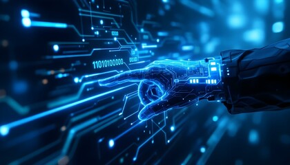 Abstract digital technology background with glowing blue and green circuit lines, binary code flowing in the background, futuristic and sleek design.