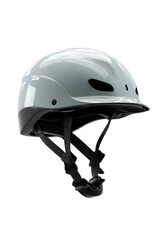 White bicycle helmet with black straps isolated on white background, safety gear for cycling and outdoor sports