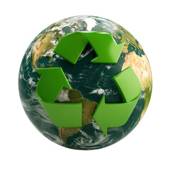 Earth globe with green recycling symbol, environmental conservation and sustainability concept, eco-friendly planet protection and recycling awareness