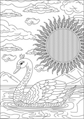 Swan In Water Adult Scenery Coloring Page Vector