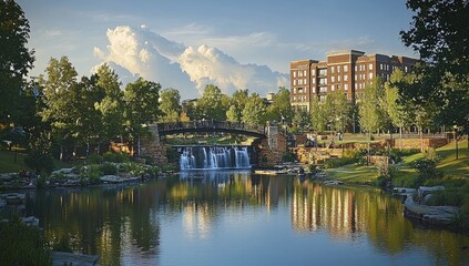 Fototapeta premium Urban park scene with a tranquil river and waterfall.