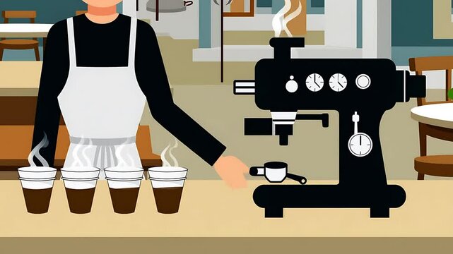 Barista Preparing Coffee in a Cozy Cafe - Flat Vector Illustration