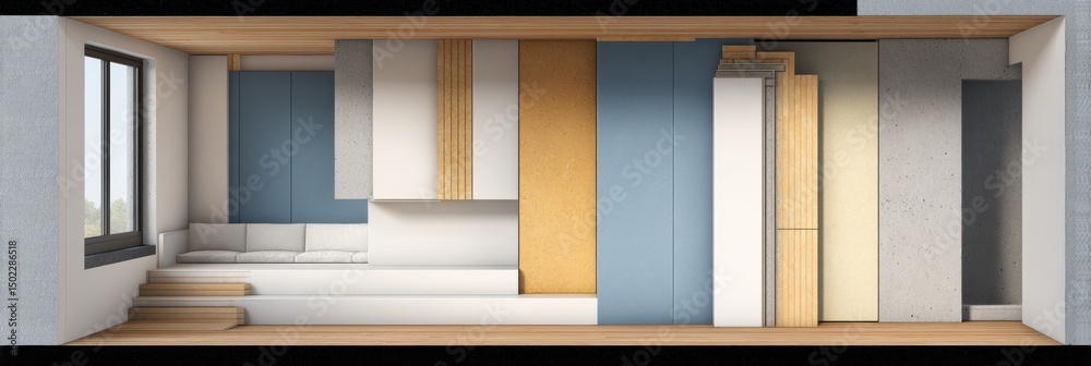 Poster Cross-section Diagram Showcasing Wall Structure With Insulation and Cladding for Modern Interior Design in Daylight Setting
