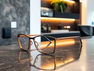 Modern eyeglasses on a marble surface