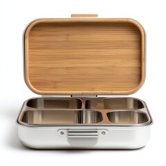 Open stainless steel lunchbox with bamboo lid and divided compartments, eco-friendly reusable food container for sustainable meal storage and packing