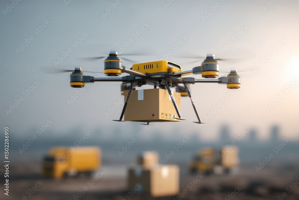 Poster drone delivering items autonomously with ai navigation, reaching remote areas for efficient service.