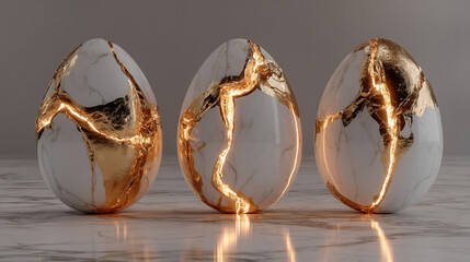 3D rendering of a golden egg cracking open with glowing light emerging from the crack. Minimalistic composition with blank caption space, symbolizing creativity, surprise, and new beginnings.
