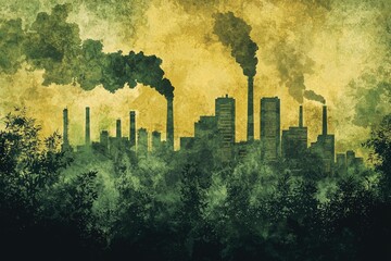 Industrial pollution obscures a forested landscape.