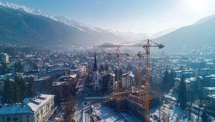 Construction cranes over a snow-covered city in the Alps.