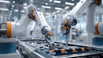 AI-powered robots assembling products in a modern factory, enhancing production efficiency.