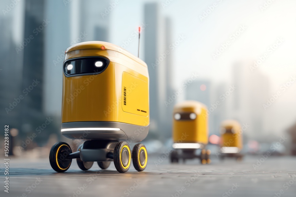 Poster ai robots autonomously transporting packages through urban environments with precision.