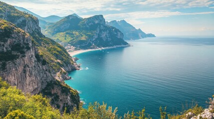 Dramatic coastal scenery, with jagged mountains meeting a vibrant blue sea. Lush green vegetation clings to the rocky slopes. A town nestles along the shoreline. Sunny day, ideal for vacation