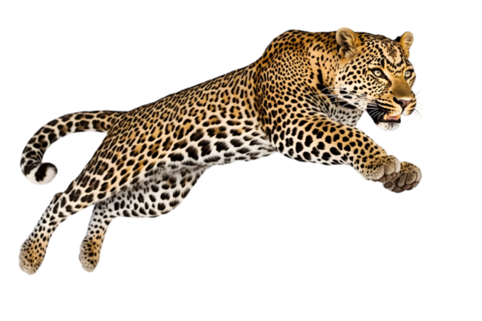 Side view of a spotted leopard leaping, panthera pardus, isolated on white. Ai Generated Images