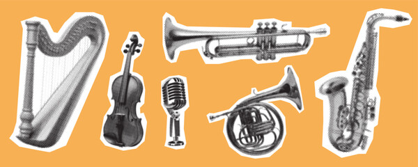 Musical Instruments Halftone Vector Illustration on Yellow Background © robert