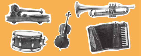 Musical Instruments Collection, Vector Halftone Illustration © robert