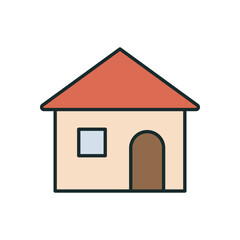 Minimal home icon design with simple structure and red gable roof on white background