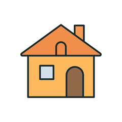 Colorful residential building illustration featuring arched doorway, square window, and sloped roof with chimney