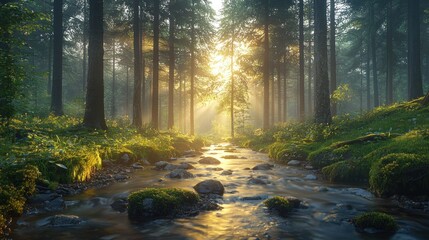 Obraz premium Sunlight streams through misty forest, illuminating a tranquil creek. Lush greenery and moss-covered rocks line the waterway