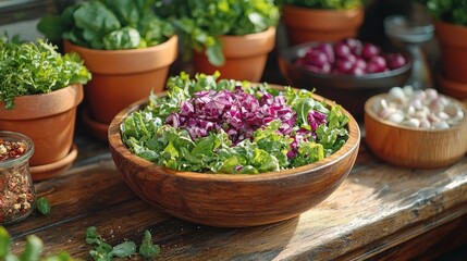 Fresh salad in wooden bowl, surrounded by herbs and vegetables