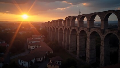 Viewing Ancient Roman Aqueduct Against Sunset in Segovia Spain