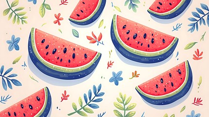 Watermelon Slices, Floral Pattern
