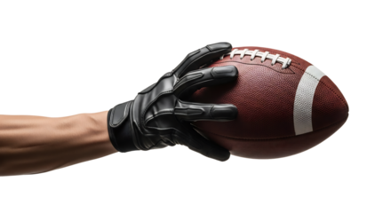 Gripping the Game A Close-Up of a Hand in a Black Glove Securely Holding an American Football Against a Clean White Background