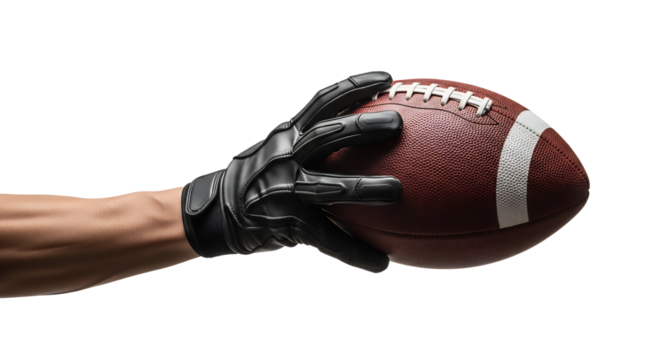 Gripping the Game A Close-Up of a Hand in a Black Glove Securely Holding an American Football Against a Clean White Background
