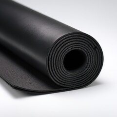 Rolled black exercise mat, thick, textured surface, tightly wound, partially unfurled, showing its depth and density