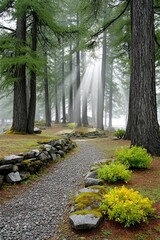 Sunbeams in Misty Forest Illuminating Gravel Path with Yellow Wildflowers