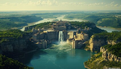 Fototapeta premium Majestic city nestled within a dramatic landscape.
