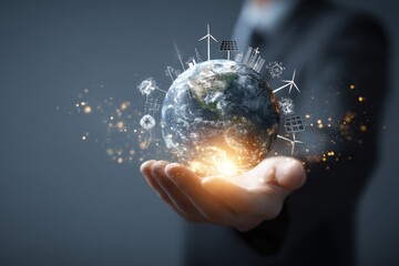 A person's hand gently cradles a glowing Earth, encircled by icons representing renewable energy sources and sustainability, set against a dark-grey backdrop