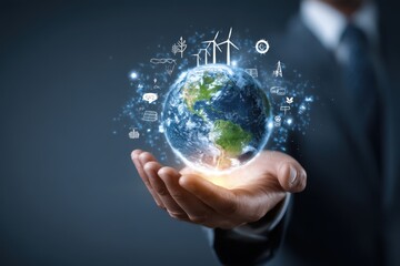 A businessman's hands gently cradle a glowing digital Earth, encircled by icons representing sustainable energy and global connectivity