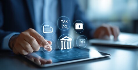 Person uses tablet to access digital financial services, including tax, banking, and payment options