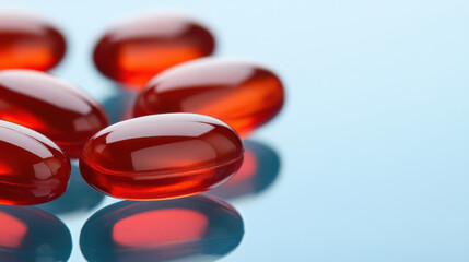Bright red capsules are scattered on reflective surface, showcasing their glossy texture and vibrant color