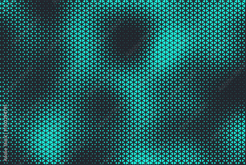 Poster Abstract background with blue triangle dots. Triangle halftone geometric background. Halftone triangular retro 80s pattern. Minimal style retro dynamic wallpaper.	