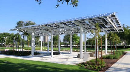 Solar panel structure in a park with green grass and trees on a sunny day with a clear blue sky above .