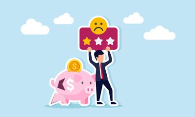 Businessman with broken piggy bank holding a board with one star and sad emoticon illustration of negative response due to failure in business investment calculation