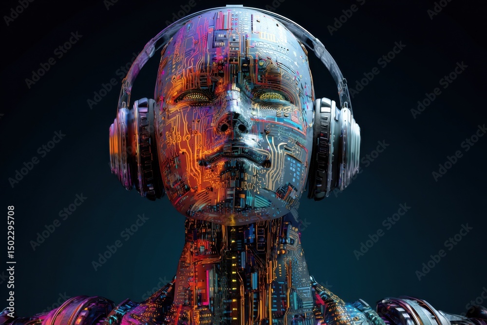 Aufkleber futuristic cyborg listening to music with headphones, exploring artificial intelligence and digital 