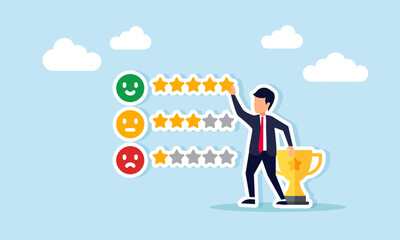 Businessman with trophy arranging five stars on review list illustration of good quality standards for becoming a leading company