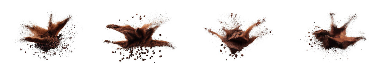 An eliment set of Explosion splash of ground coffee or cocoa powder with freeze isolated on background, pile of splatter of coffee grind dust powder, brown shattered beans,