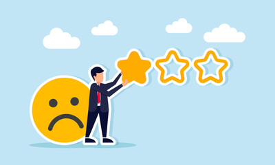 Businessman with sad emoticon placing one star illustration of poor quality and negative review on business standard