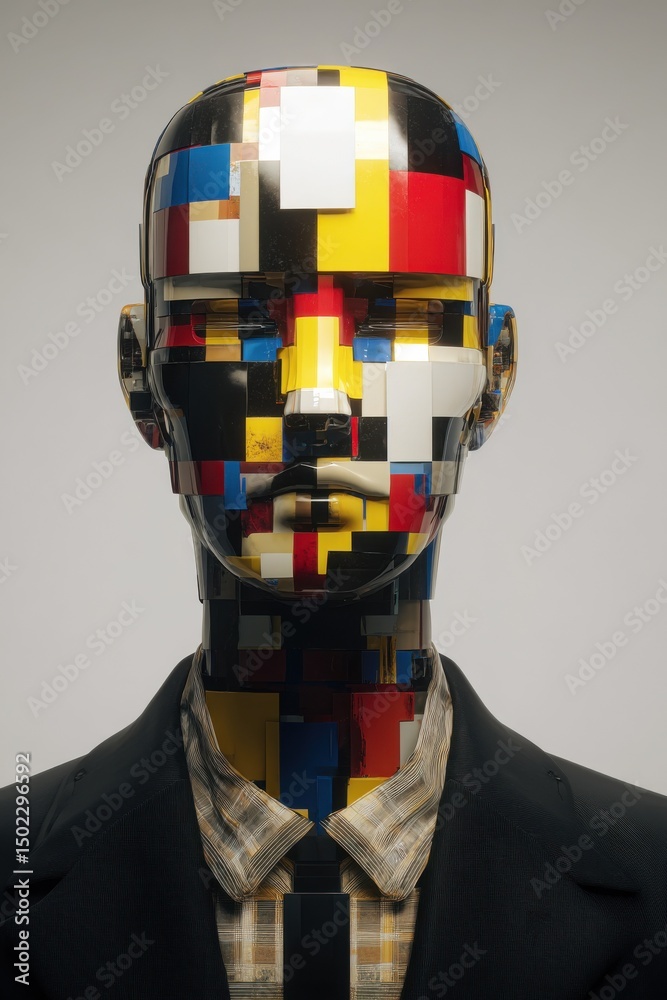 Aufkleber Geometric Humanoid Figure in Business Suit, Representing Artificial Intelligence and Corporate Innovation, a Modern Take on Automation and Future Technology : Generative AI
