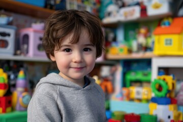 Cute Little Boy Smiling in Playroom Surrounded by Toys, Representing Childhood Joy and Early Learning : Generative AI