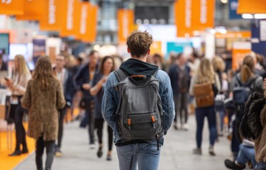 Man With Backpack at Trade Show, Representing Career Networking and Professional Development, Surrounded by Attendees and Orange Banners in a Busy Convention Hall : Generative AI