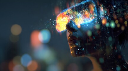 Woman Wearing Vr Headset Immersed in Digital Data Stream, Showcasing Innovation and Technological Advancement in Virtual Reality : Generative AI