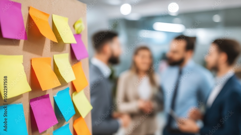 Aufkleber Colorful Sticky Notes on a Board in a Modern Office, Illustrating Brainstorming and Collaborative Problem Solving Among Business Professionals : Generative AI