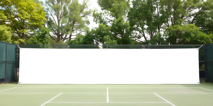 Long blank advertising banner mounted on hard green tennis court outdoor. White empty screen for copy space, poster or signs. Commercial advertisement on sport playground